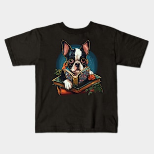 Boston Terrier Reads Book Kids T-Shirt